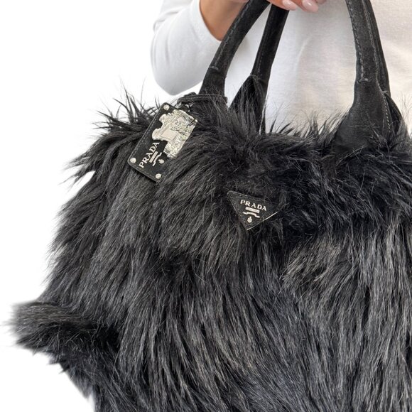 PRADA Vintage Faux Fur Fabric Tote Bag Black Silver Charm Triangle Logo [106226] - Picture 4 of 15